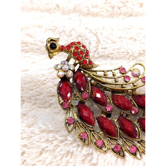 Vintage Hair Jewelry Clip Peacock Rhinestones Red Pink Faux Gems Gold Tone - Picture 2 of 5